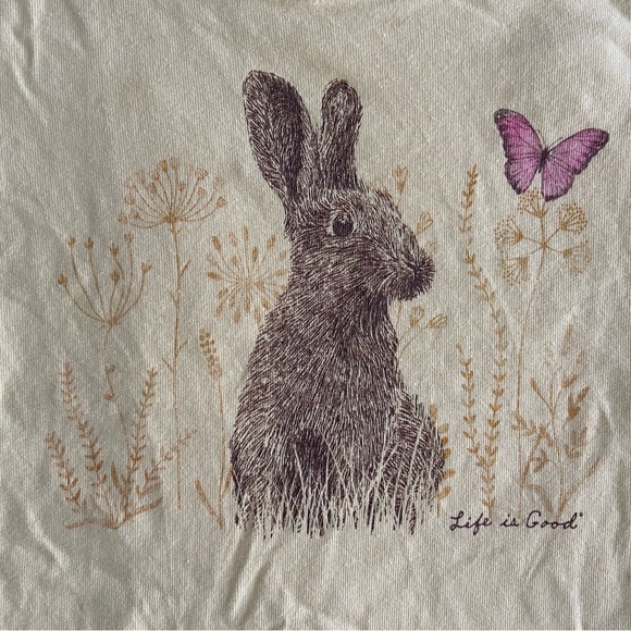 Life is Good Bunny Rabbit Butterfly Yellow Crusher Med Women's Crew Neck T Shirt - Picture 2 of 5